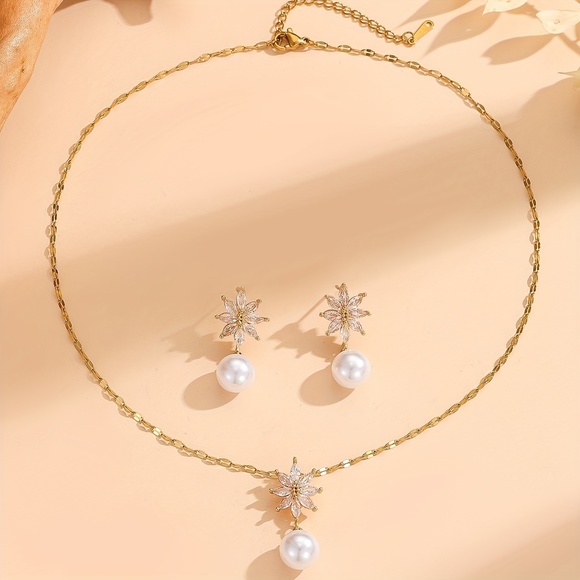 18K Gold Plated Stainless Steel Zircon Earrings & Necklace Set with Pearls - Picture 2 of 5
